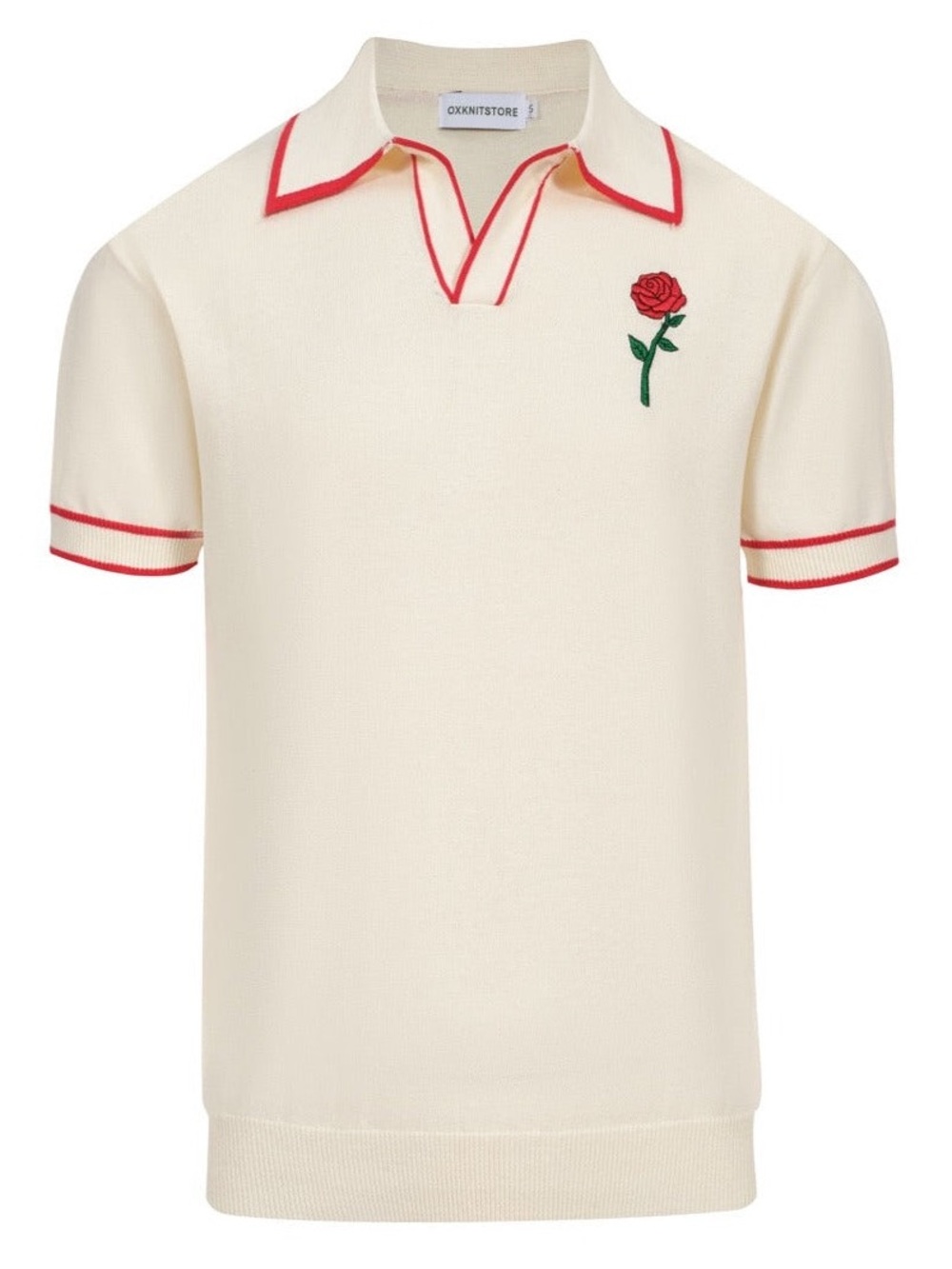 OXKNITSTORE Retro Cream Polo Sweater with Red Rose- Men or Women Size Large